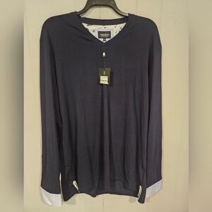 NWT Maceoo Edison V-Neck Men’s 7/3XL Contrast Flip Cuff Long Sleeve Blue Shirt